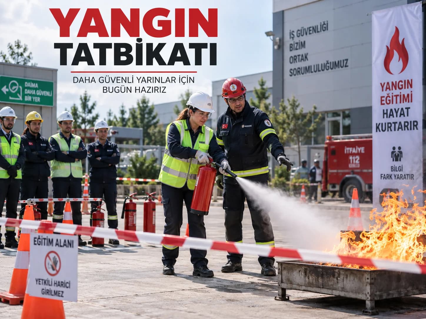 İş yerinde çalışanların katıldığı yangın tahliye tatbikatı ve acil durum uygulaması