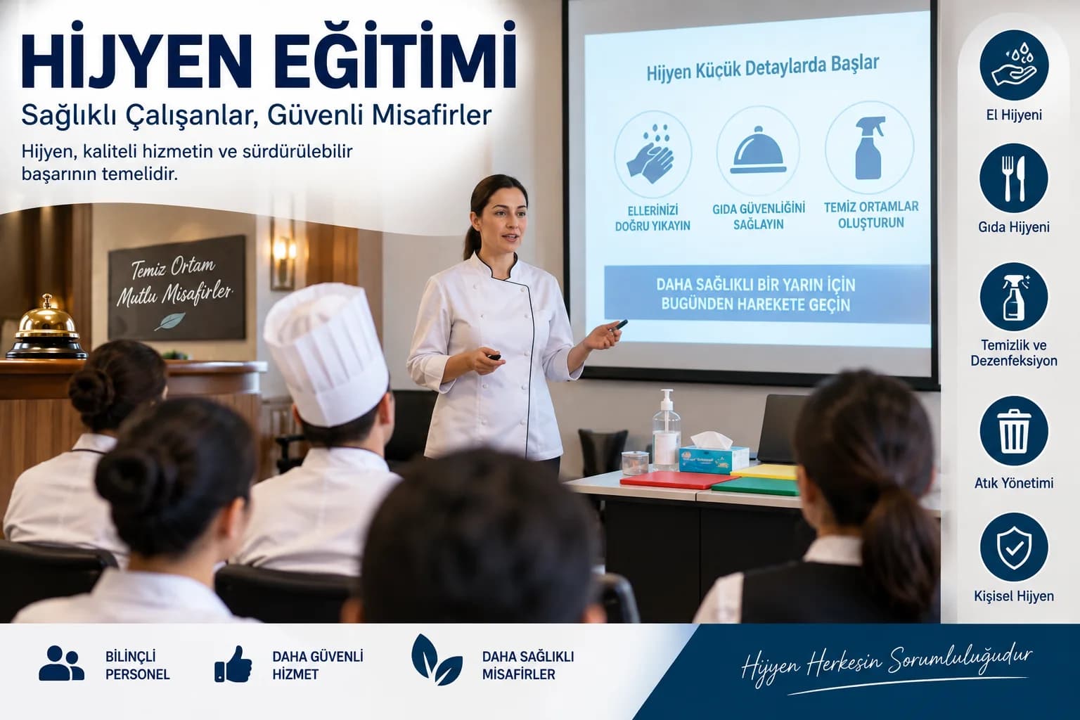 Hijyen eğitimi alan hizmet sektörü çalışanları ve hijyen uygulamalarının anlatıldığı eğitim ortamı