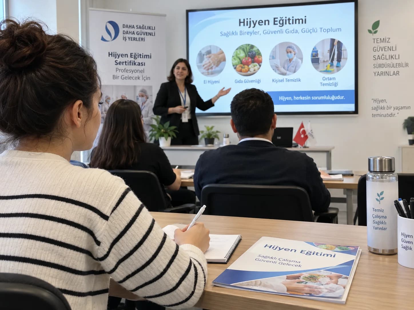 Hijyen eğitimi sertifikası almak için eğitim sürecine katılan çalışan