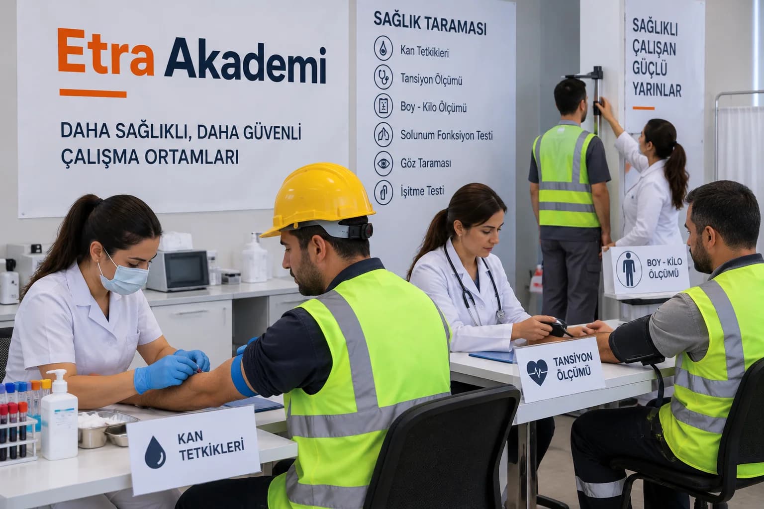 İşçiye sağlık taraması yapan sağlık personeli