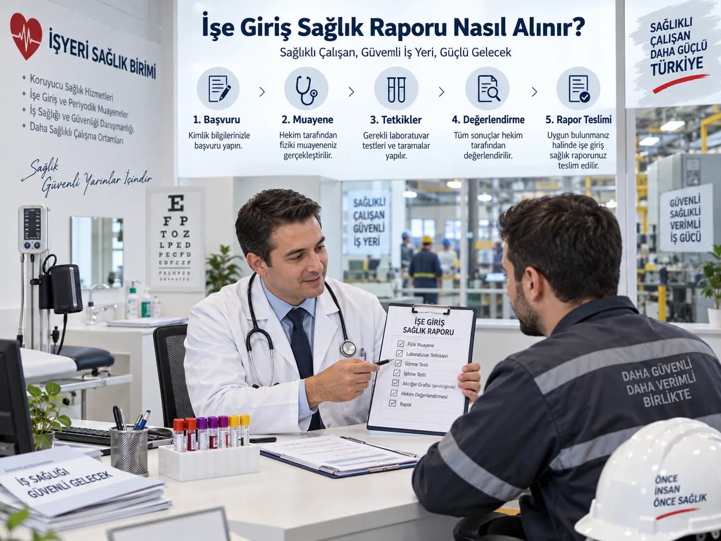 İşe başlamadan önce çalışan sağlık taraması ve muayenesi gerçekleştirilen işçi