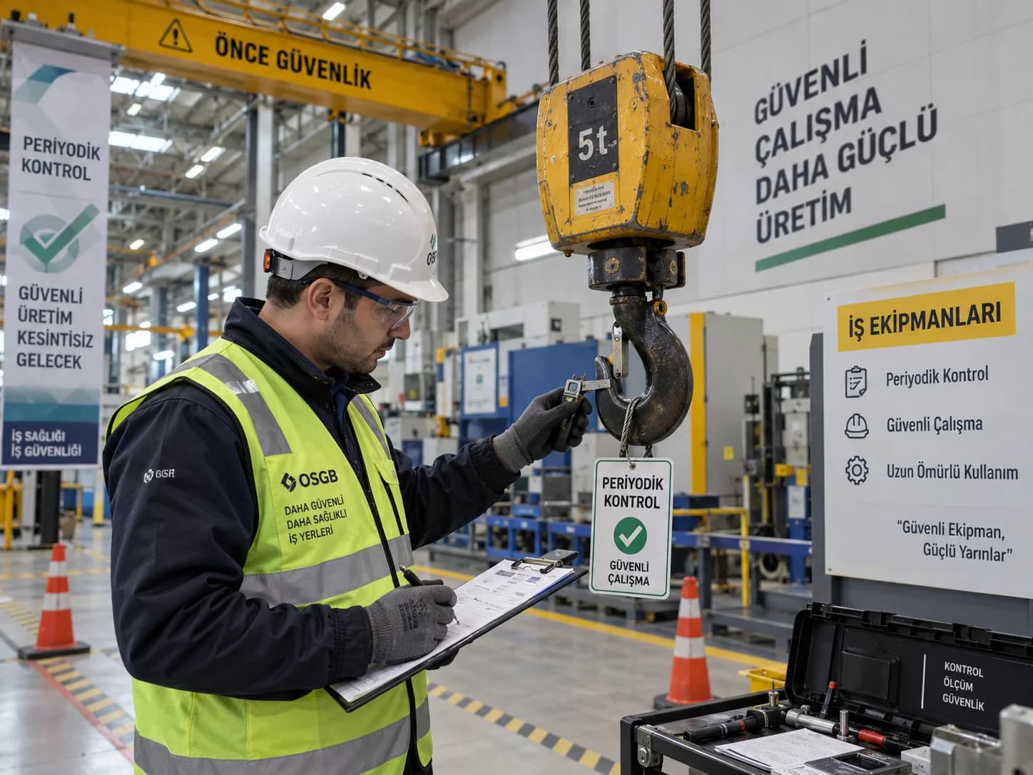 Fabrikada iş ekipmanının periyodik kontrolünü gerçekleştiren teknik uzman
