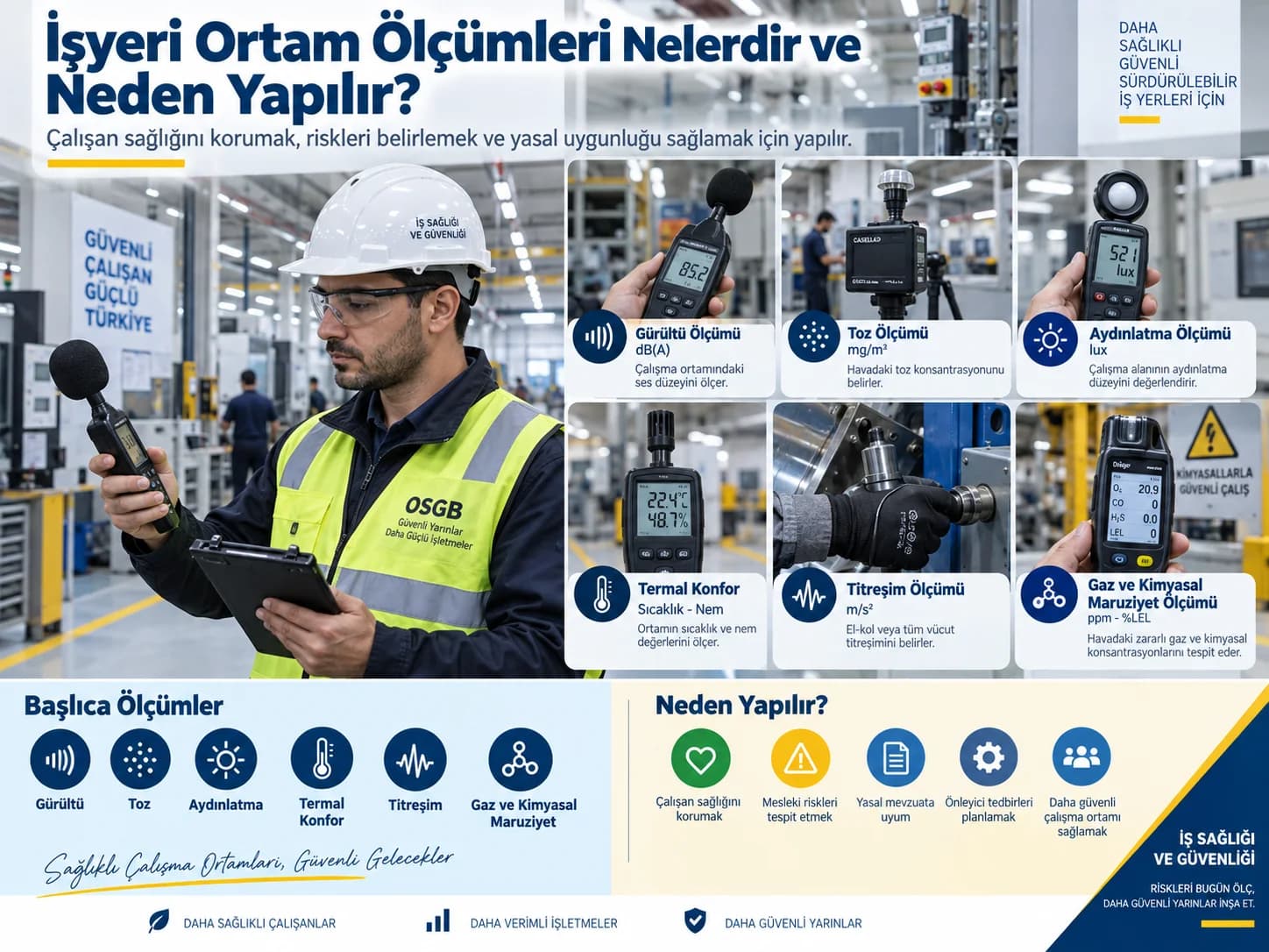 Fabrikada profesyonel ölçüm cihazlarıyla işyeri ortam ölçümü gerçekleştiren uzman
