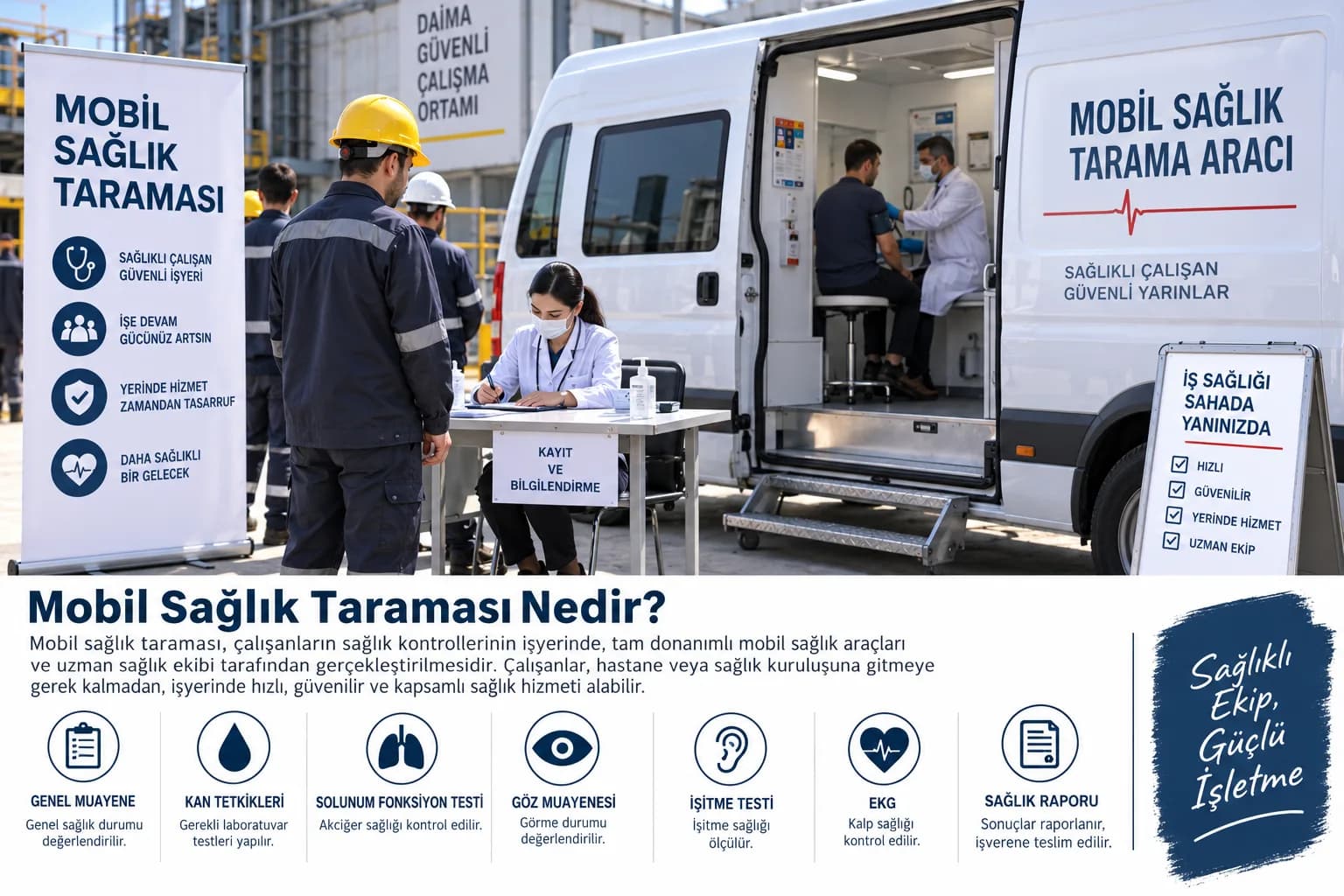 Fabrika çalışanlarına işyerinde sağlık taraması hizmeti sunan mobil sağlık aracı