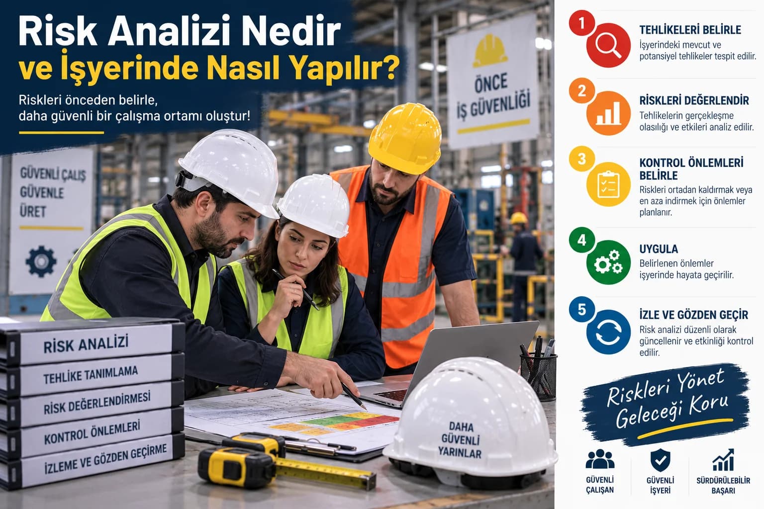 Fabrika sahasında işyeri risk analizi gerçekleştiren iş güvenliği uzmanı