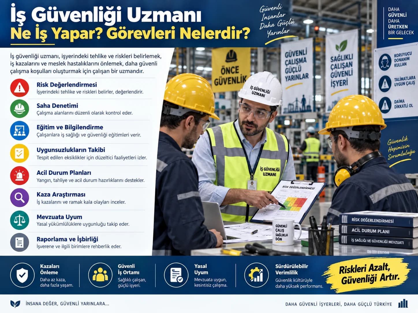 İnşaat sahasında iş sağlığı ve güvenliği denetimi gerçekleştiren iş güvenliği uzmanı