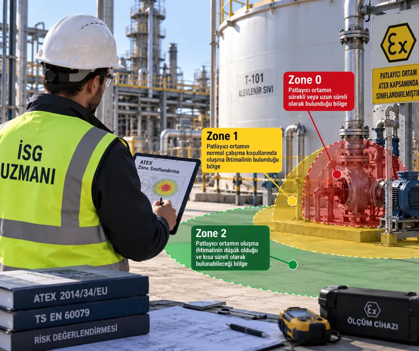 Fabrikada patlayıcı ortam için Zone 0 Zone 1 ve Zone 2 sınıflandırması yapan uzman