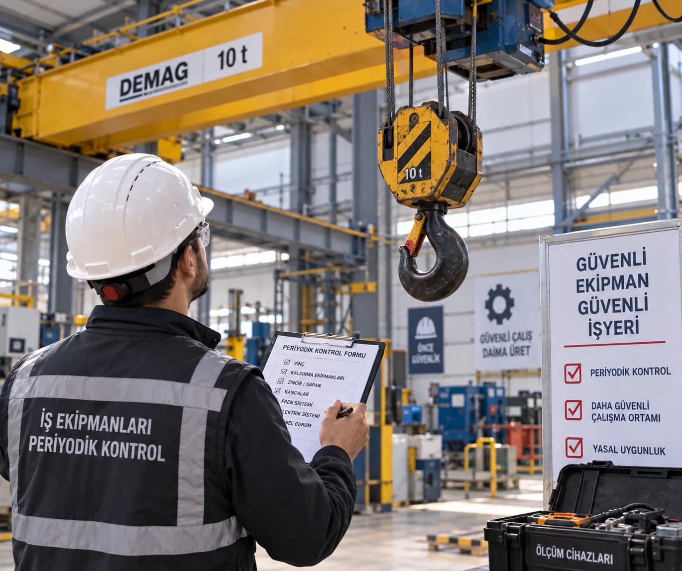 Fabrikada vinç ve iş ekipmanlarının periyodik kontrol takvimini inceleyen teknik uzman